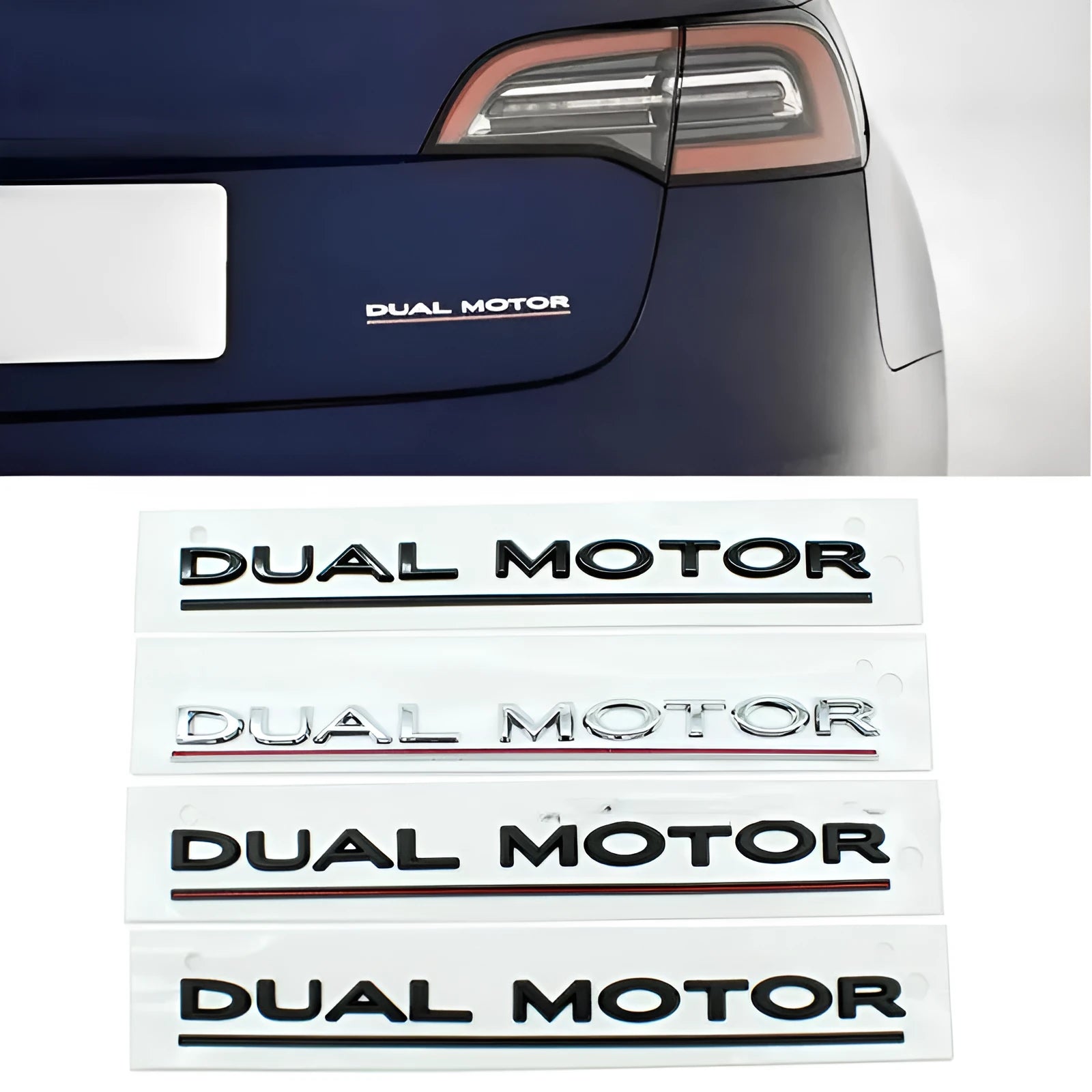 Tesla Model 3 front bumper sticker with Double Motor text in black and red