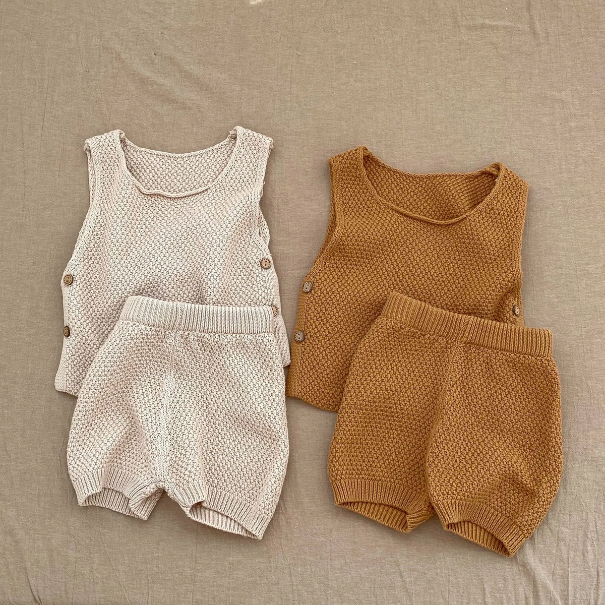 Baby cotton two-piece set with short-sleeved vest top and shorts in lead ancient grey or leaves yellow, sizes 66cm to 100cm