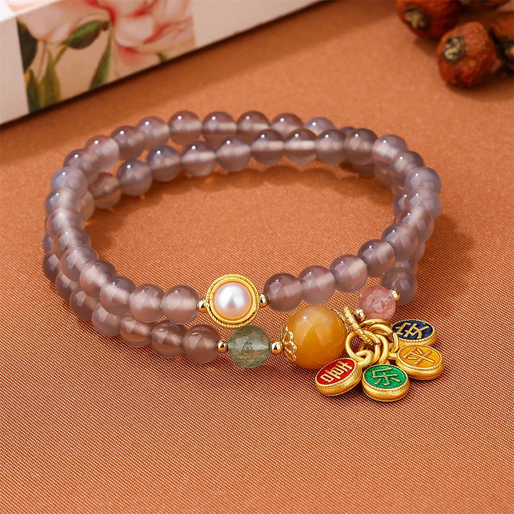 Natural gray agate bracelet with two-circle retro design, handmade DIY, women's accessory