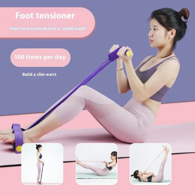 Yoga four piece fitness set with leg stretcher, yoga ring, pedal device, and figure eight tension rope on a plain background