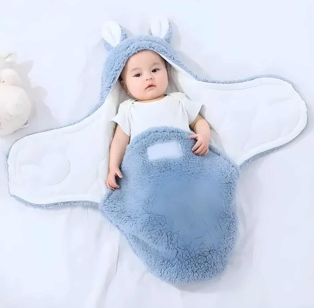 Baby wearing soft fleece sleeping bag with head support and velcro closures
