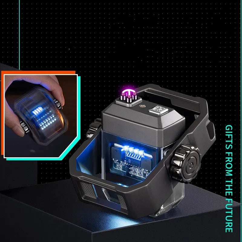 Blue zinc alloy pulse lighter with glowing double electric arcs and a mechanical gyroscope spinner, shown folded and unfolded.