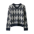 Women's diamond pattern knit sweater in picture colour, long sleeve contrast colour pullover