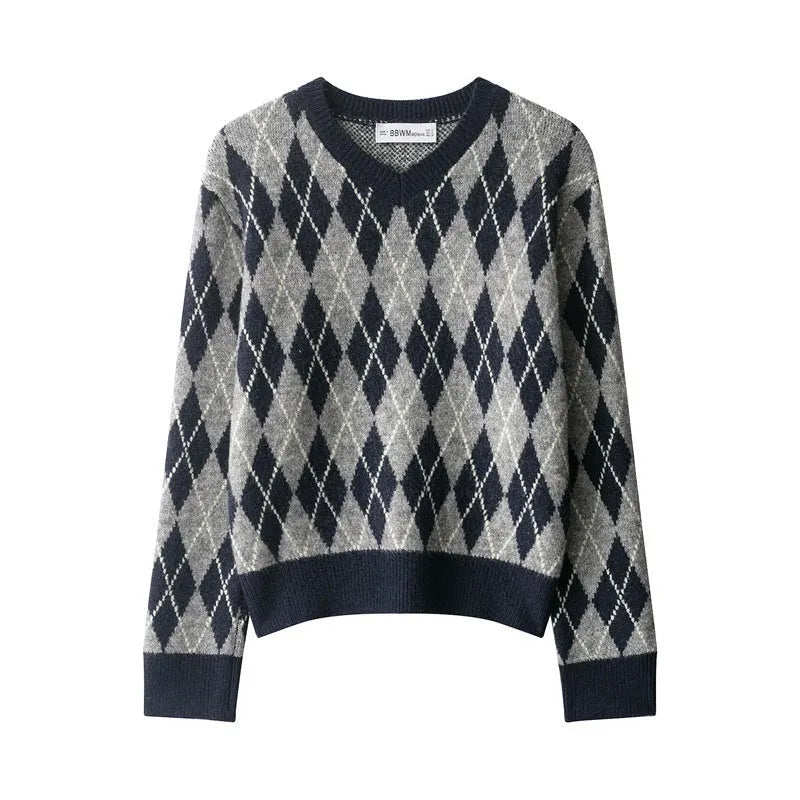 Women's diamond pattern knit sweater in picture colour, long sleeve contrast colour pullover