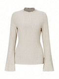 Long sleeve round neck top with lantern sleeves and brushed sunken stripe pattern in black colour