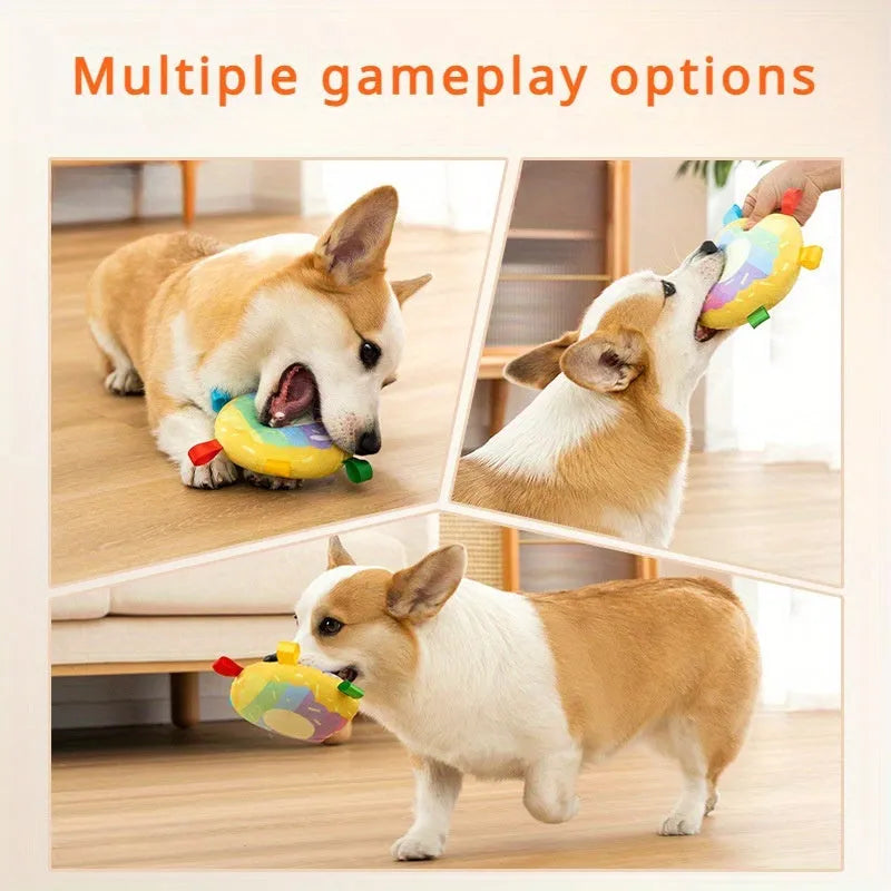 Cartoon plush flying disc dog toy with bite-resistant design for outdoor fetch and training