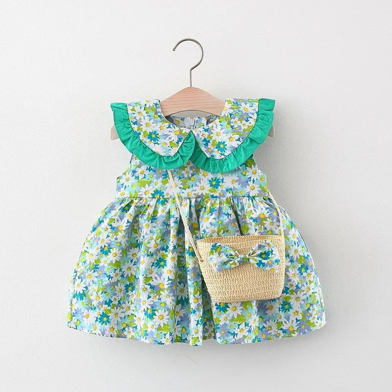 Baby girl summer dress with cotton lining, lace trim, and flower print, available in green, pink, yellow, suitable heights 73-100cm