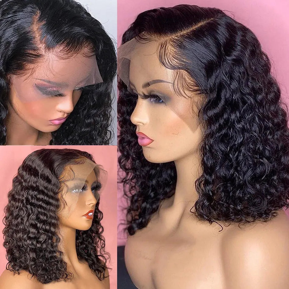 Deep wave lace front human hair wig 13x4 transparent curly bob with baby hair Brazilian hair