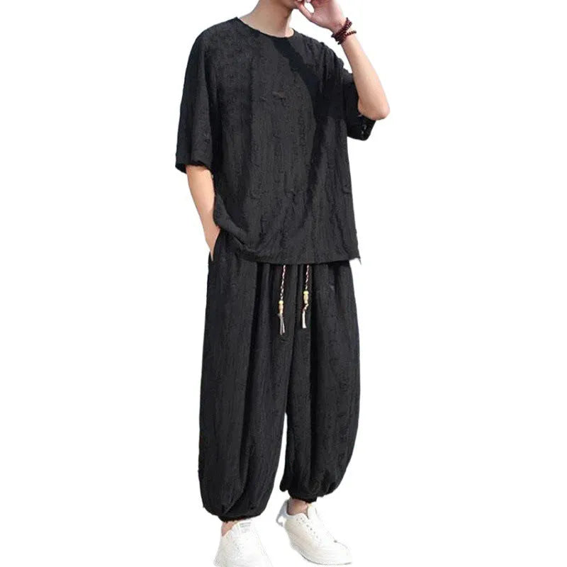 Men's thin short-sleeved loose two-piece suit in black, half-sleeve knitwear top and cropped trousers, national style