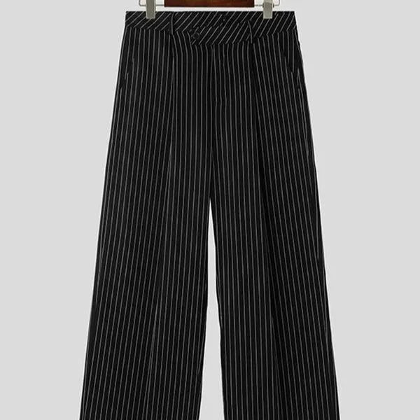 Black men's casual trousers with vertical stripes and front pleats on a high elasticity fabric.