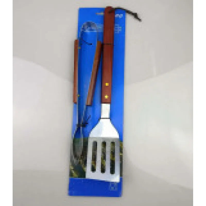 BBQ tool set with stainless steel shovel, fork and tongs with wooden handles