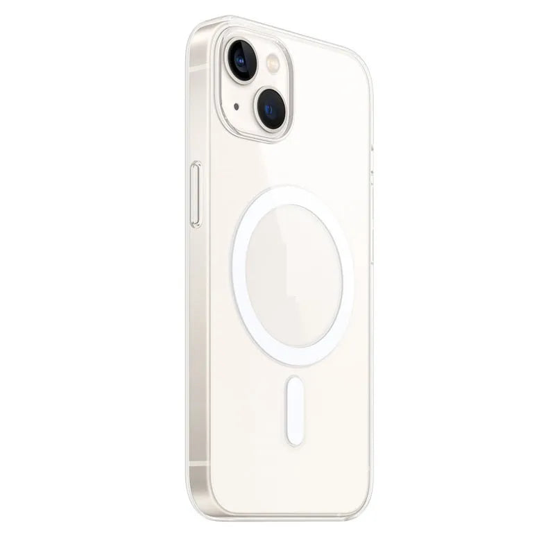 Clear magnetic back cover case for iPhone on a table, showing MagSafe ring and raised screen edge.