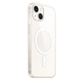Clear magnetic back cover case for iPhone on a table, showing MagSafe ring and raised screen edge.
