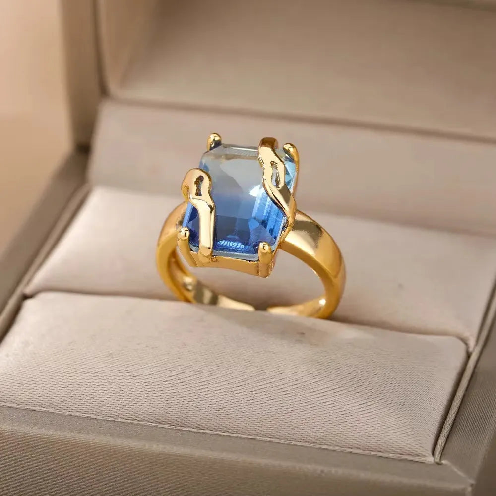 18K gold plated love emerald adjustable open mouth ring with synthetic zircon stone on copper base