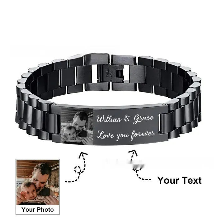 Men's stainless steel lettering bracelet with curved heart shape in black or grey electroplated finish