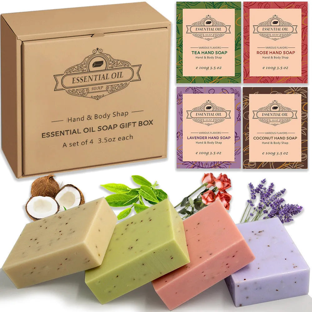 Handmade essential oil soap bar in frosted bathing format with natural scent options including coconut, green tea, lavender, and rose variants