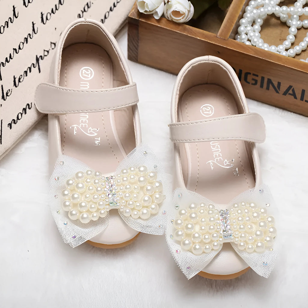 Girls' princess shoes with pearl bow, flat heel, Velcro fastening, PU leather upper, size 19-35
