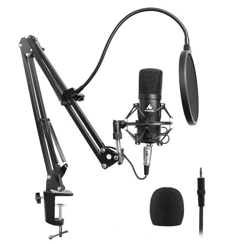 Black wired capacitor microphone on cantilever frame with shockproof support and sponge head for computer recording