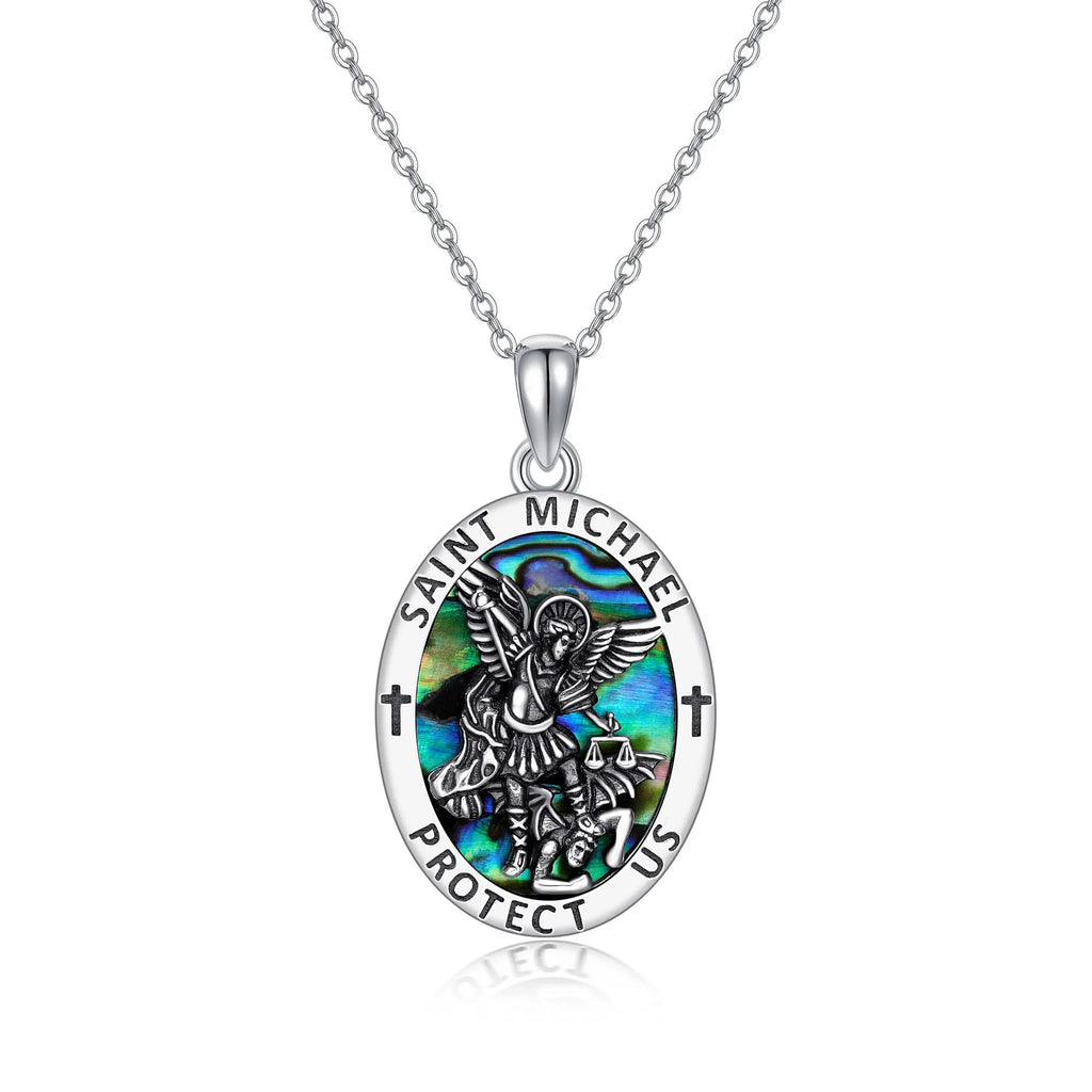 Sterling silver Saint Michael coin medal pendant with abalone stone on chain – 18x32mm