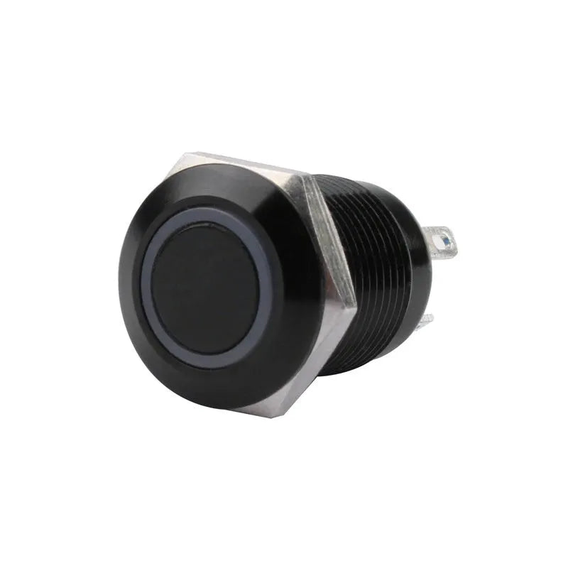 12mm self-reset waterproof metal button with light – silver contact, flat head, blue colour