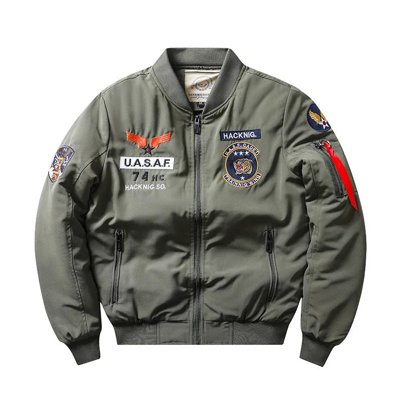 Men's slim-fit stand collar retro motorcycle cotton-padded coat in blue with embroidery and patch pockets.