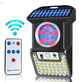 Outdoor solar LED wall light with 59 bulbs, motion sensor and remote control mounted on a brick wall