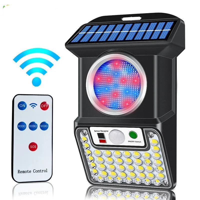 Outdoor solar LED wall light with 59 bulbs, motion sensor and remote control mounted on a brick wall