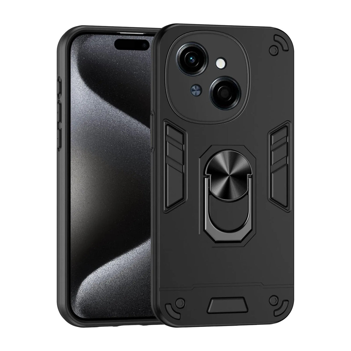 360 bracket phone case for Tecno models in black, blue or green, PC back cover with airbag and invisible bracket