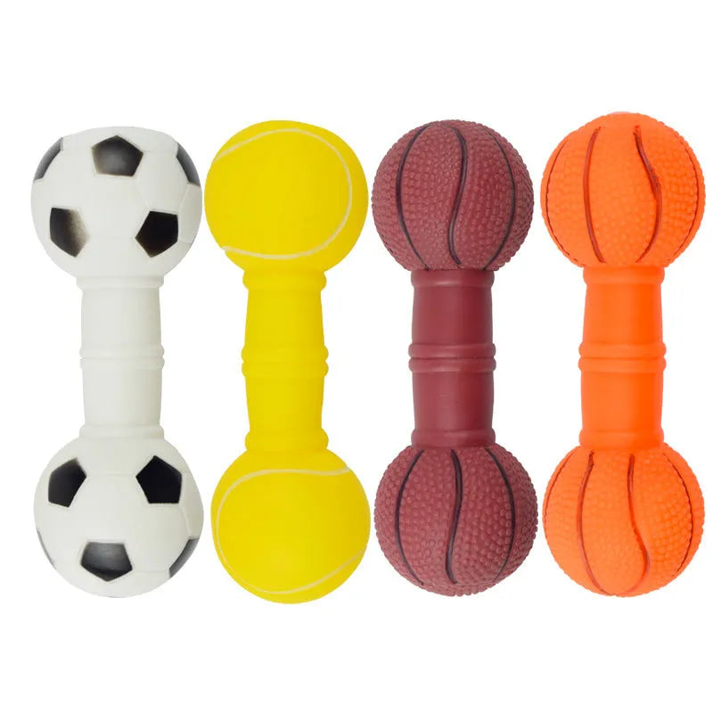 Brown, orange, white, and yellow PVC football dumbbell shaped dog chew toy with squeaker.