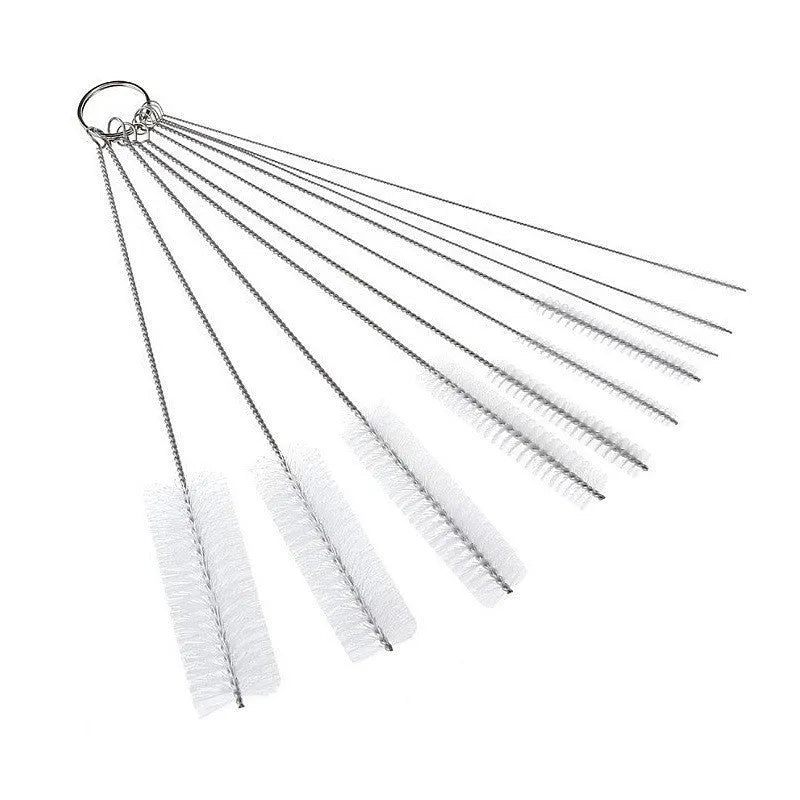 Set of stainless steel handled cleaning brushes with nylon bristles for straws and bottles.