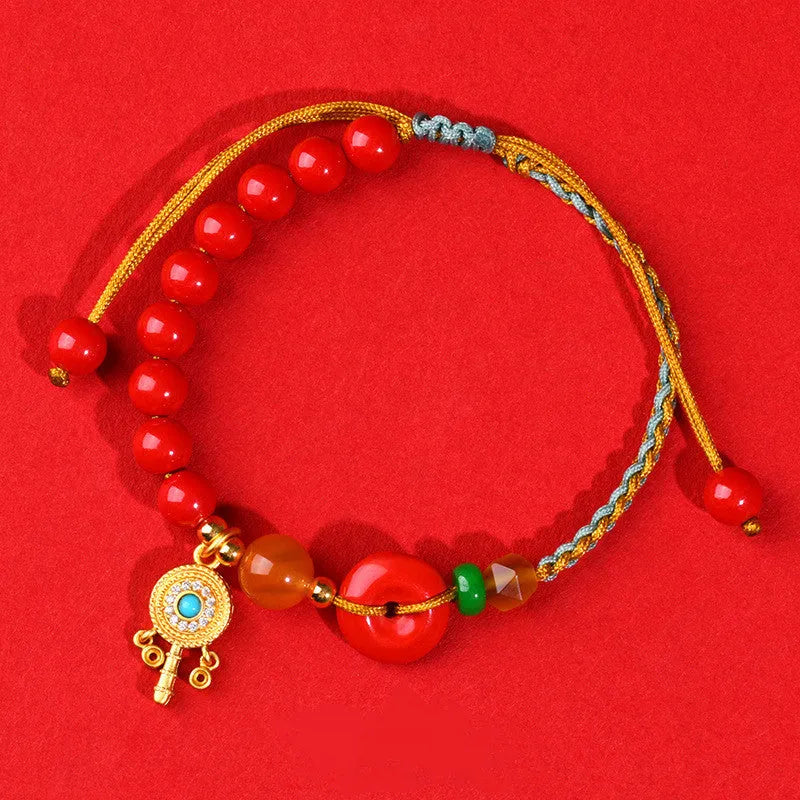 Red cinnabar bracelet with hand-woven geometric peace buckle in national style