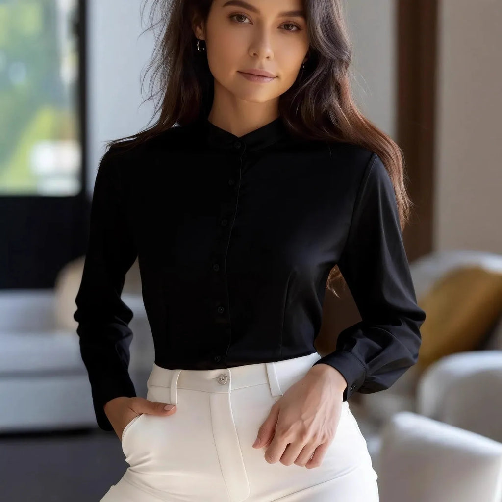 Women's autumn solid colour stand collar button long sleeve polyester shirt in black white and apricot