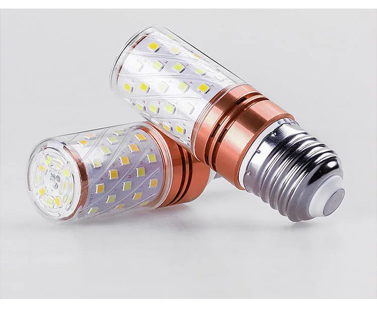 E14 screw cap LED corn light bulb with 60 beads, showing tricolour light options: warm, neutral, and white.