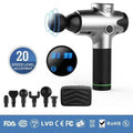 Massage gun with 6 massage heads, black ABS body, and LCD touch screen on a white background