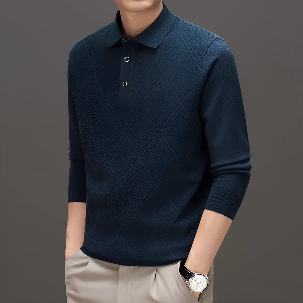 Men's polo collar knitwear sweater in solid colour, long sleeves, loose fit, jacquard knit