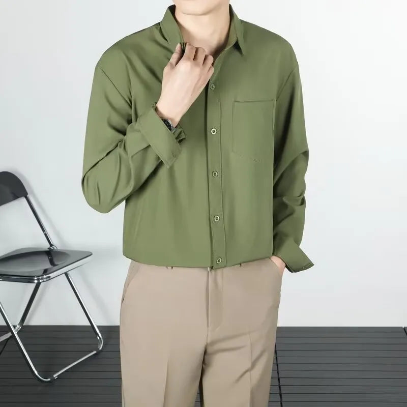Korean-style loose fit men's long-sleeved shirt in linen and silk blend, solid colour, sizes S to 4XL