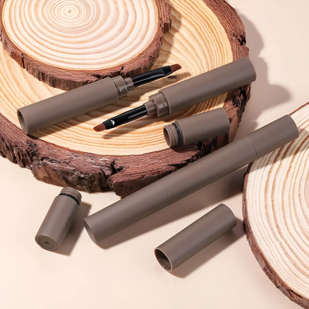 Double-headed eyebrow cream showing pencil and powder ends, displayed with five colour shades.