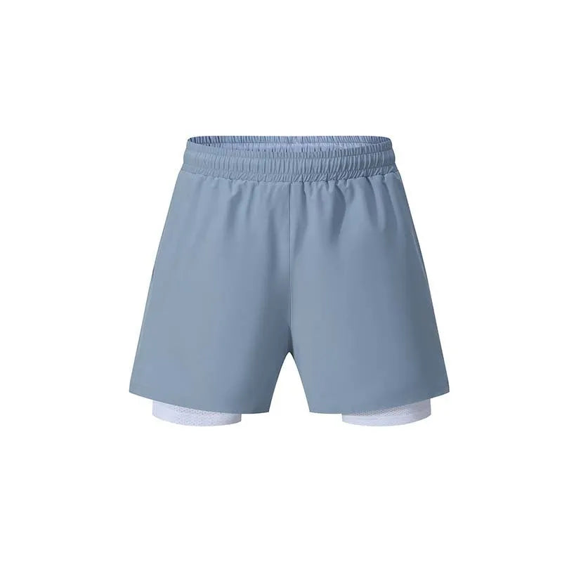 Men's black double-layer sports shorts with built-in liner for running and fitness activities