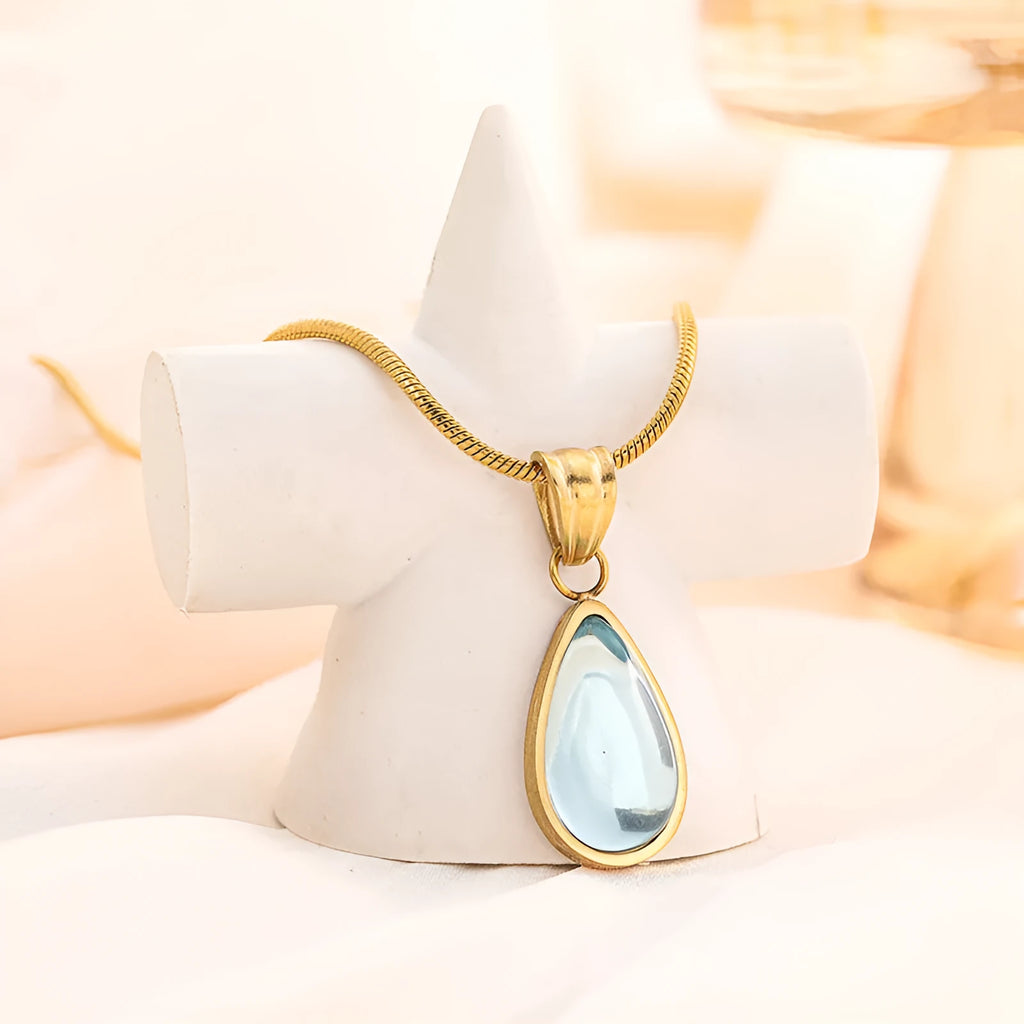 Sky blue titanium steel water drop pendant necklace on adjustable O-ring chain for women