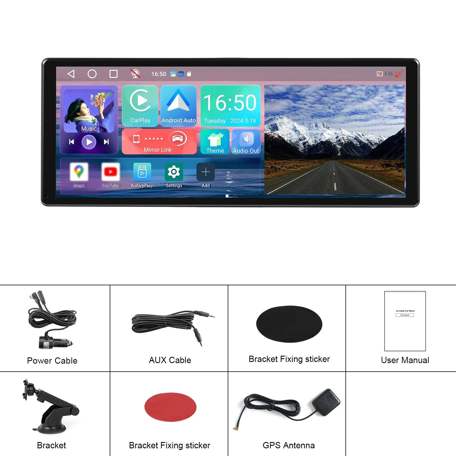 11.3-inch Android car touchscreen display with wireless CarPlay and Android Auto on universal vertical bracket
