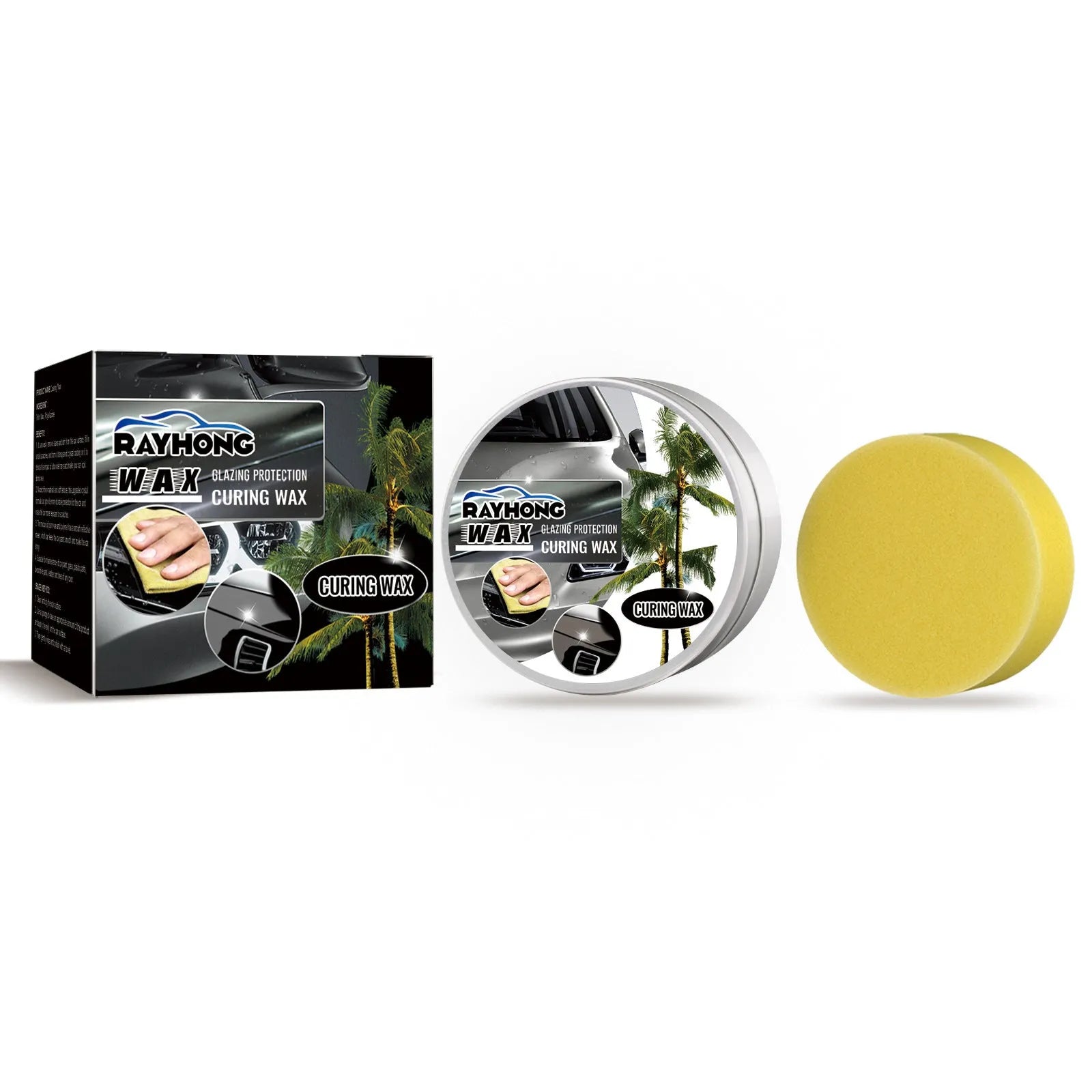 Car coating wax block and sponge applicator kit for paint restoration and protection.