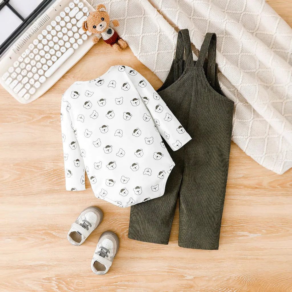 Green bear printed long sleeve round neck romper with corduroy suspender trousers baby suit on white background