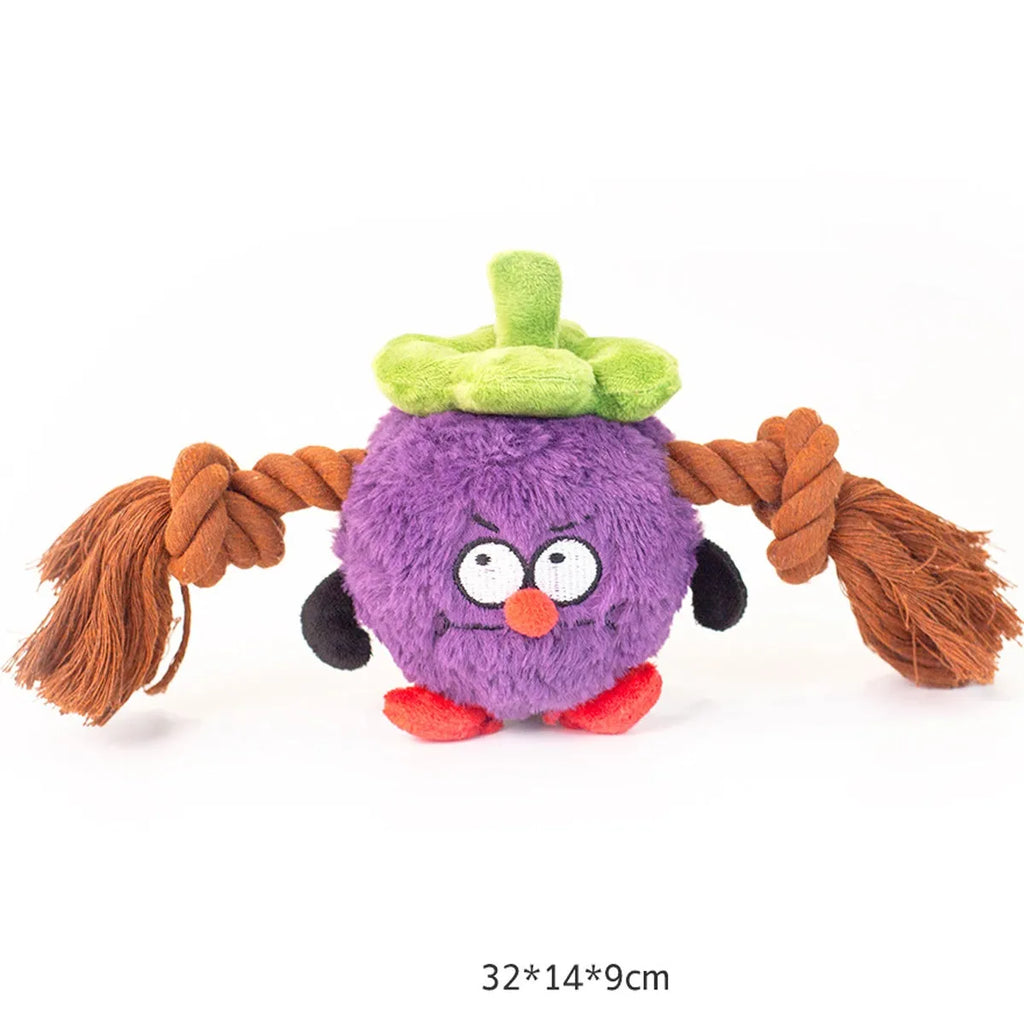 Green and purple interactive dog plush rope knot tug of war toy with bite-resistant design.