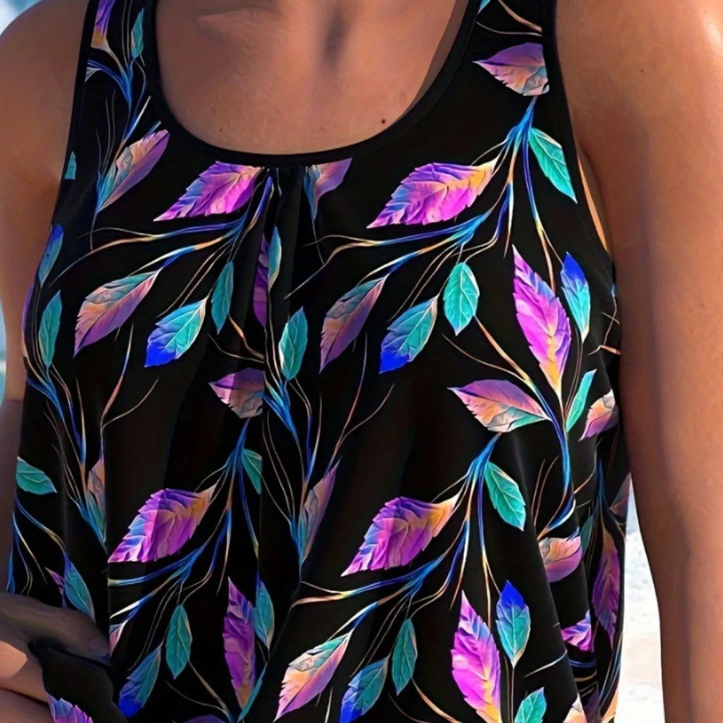 Women's green leaf print bikini swimsuit with high-waisted shorts on a mannequin