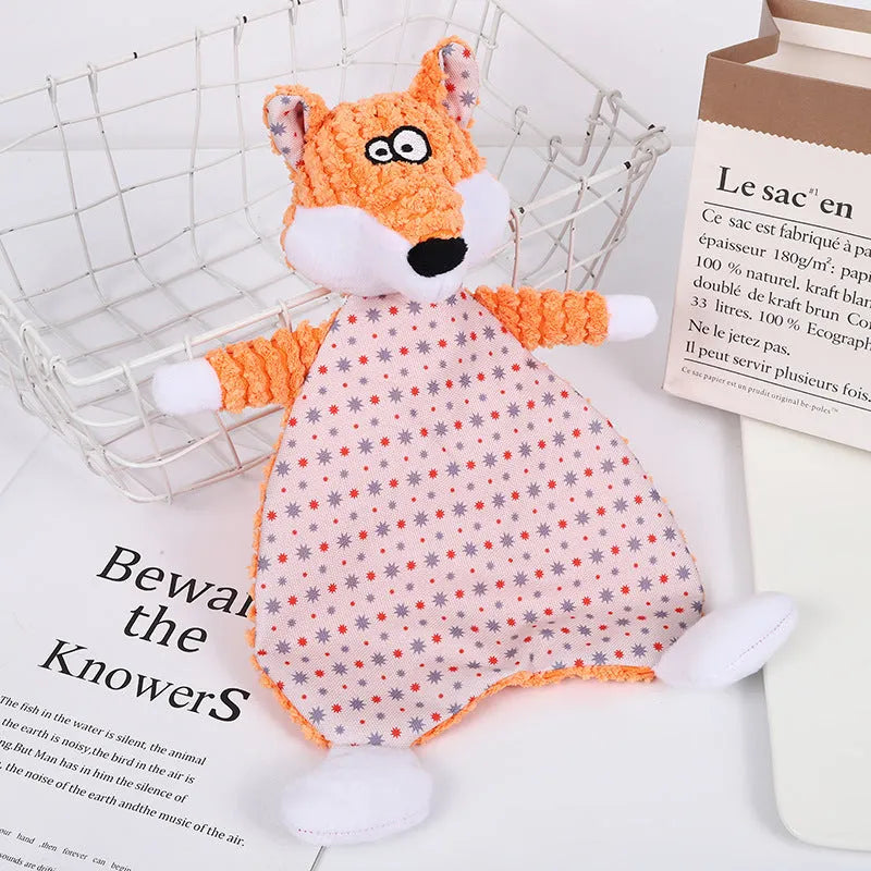 Brown, grey, and orange fox and elephant pet stuffed toys with velvet fabric and sound paper