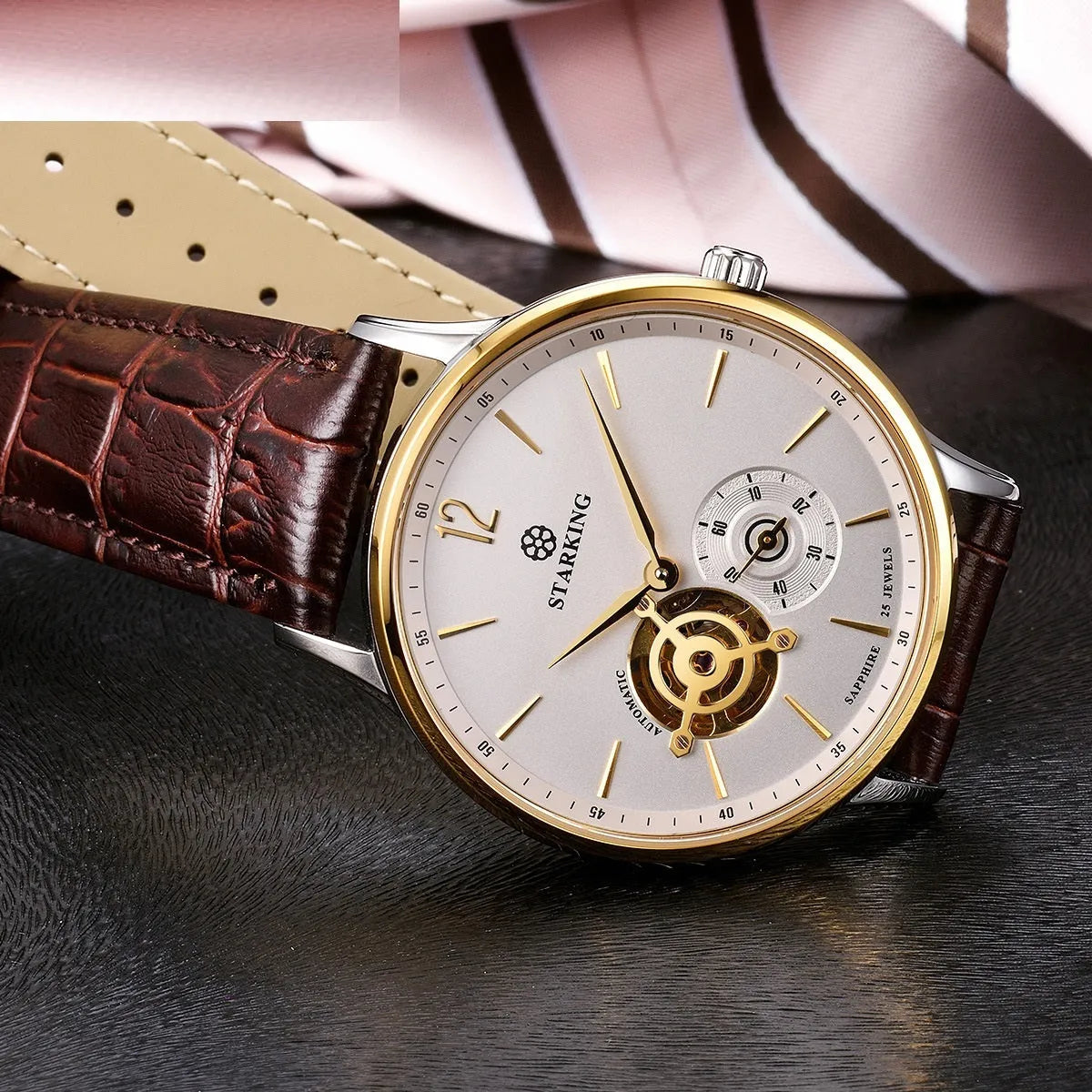 Automatic mechanical men's business watch with circular dial on brown leather strap.