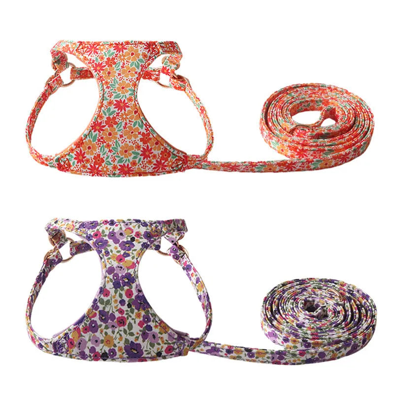 Floral pet harness suit with matching chest back piece and leash in multiple colour options
