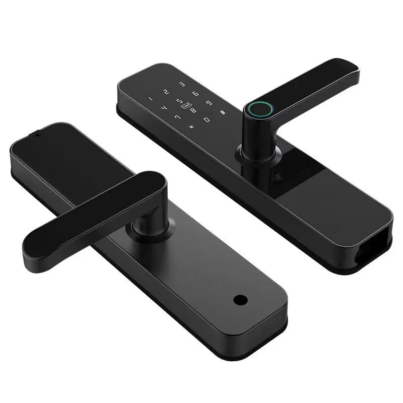 Alloy wooden door fingerprint lock in black with Graffiti WiFi connectivity for keyless entry