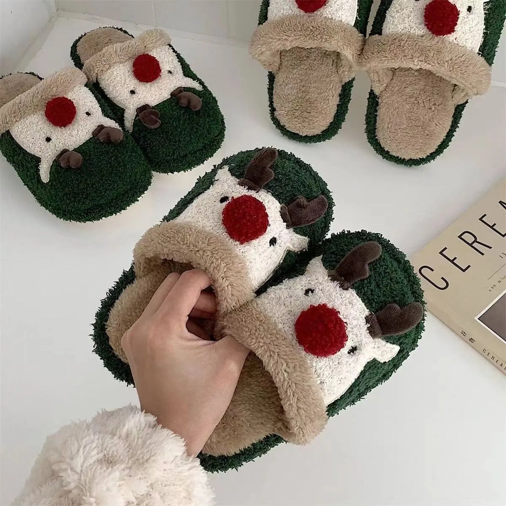 Women's brown Christmas elk plush slippers with non-slip PVC sole