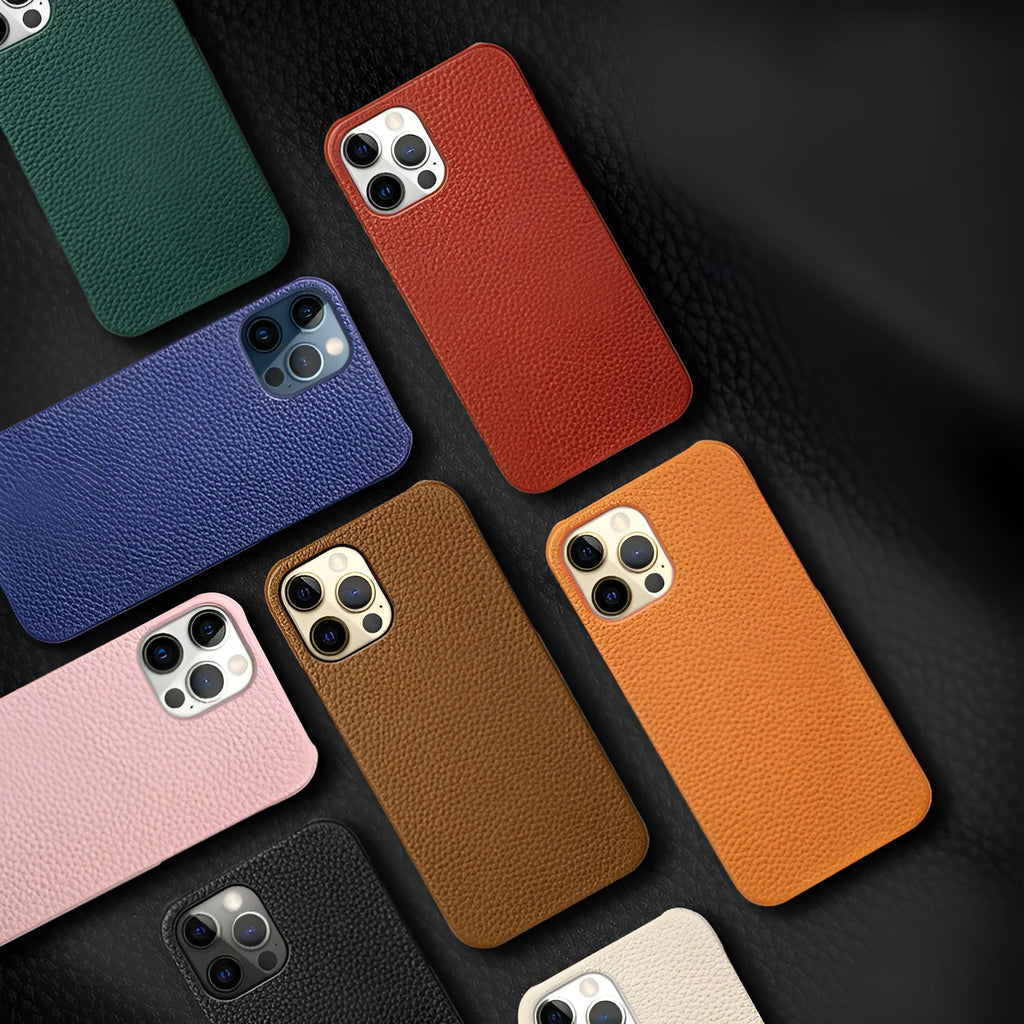 Genuine leather protective case for iPhone shown in beige colour.